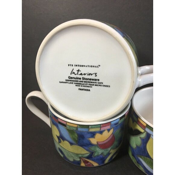 Set 3 Fantasia Cups Mosaic Stoneware PTS Int’l Interiors Teacup Blue Pink Floral - Picture 6 of 7